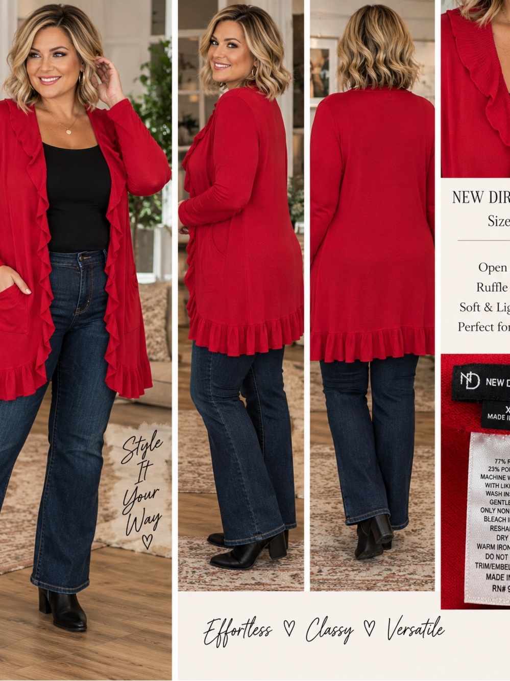 new directions Red Ruffle-Trim Open-Front Cardigan